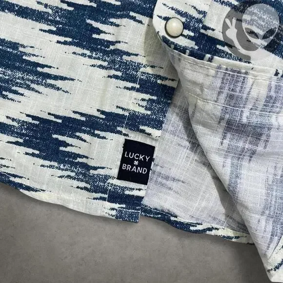 NWT Lucky Brand Men's Button Up Shirt Small Ivory Blue Tribal Preppy Summer - Picture 5 of 6